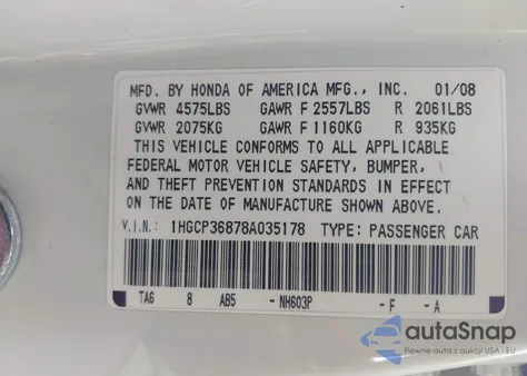 2008 Honda Accord 3.5 Ex-L из США, поврежденный, VIN 1HGCP36878A035178